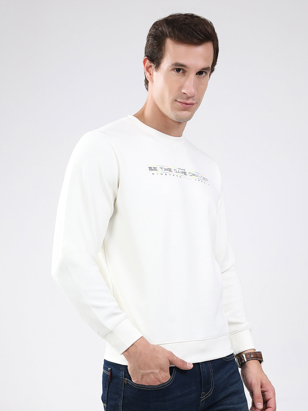 Men White Solid Round Neck Full Sleeve Sweatshirt