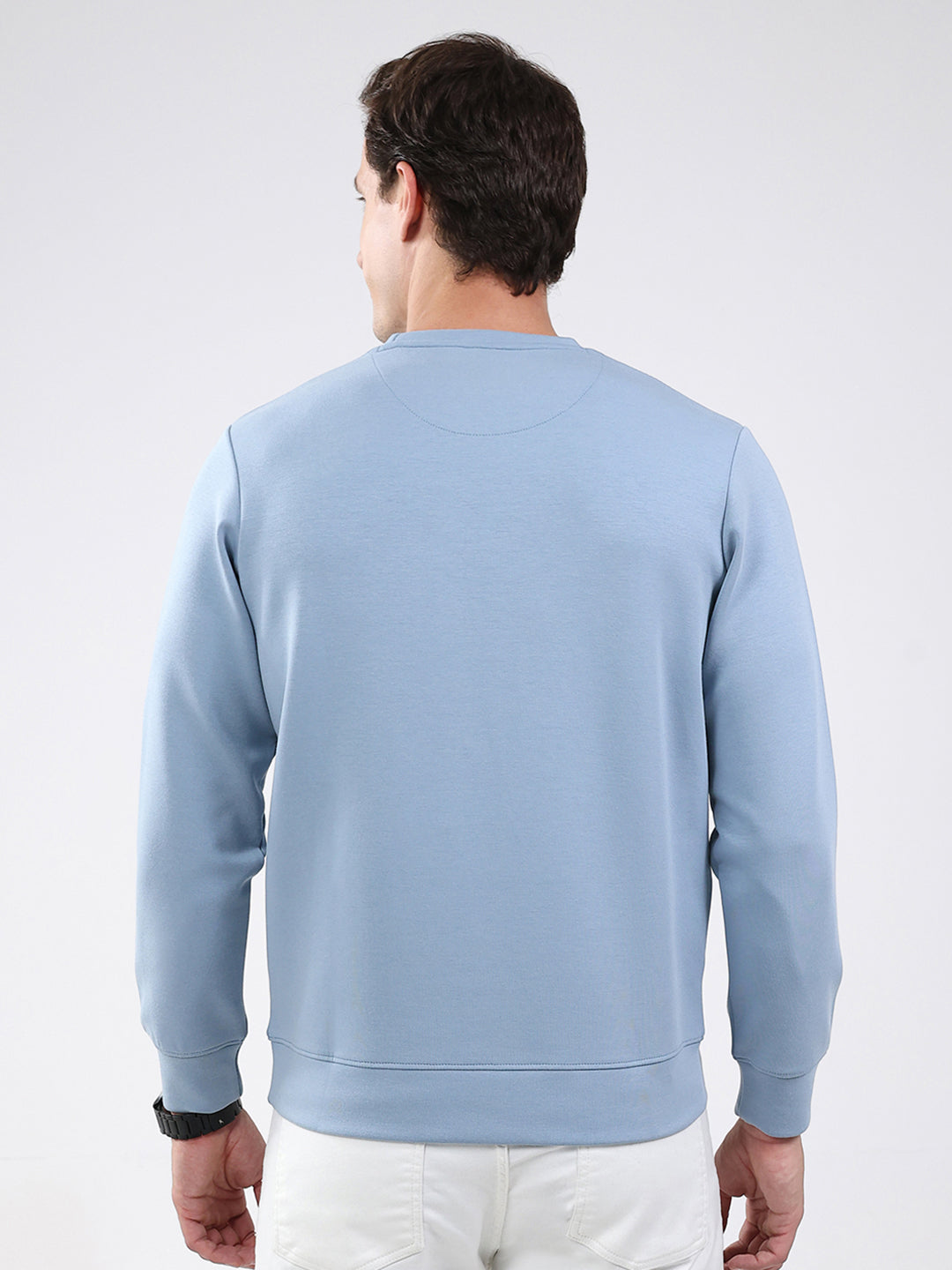 Men Sky Blue Solid Round Neck Full Sleeve Sweatshirt
