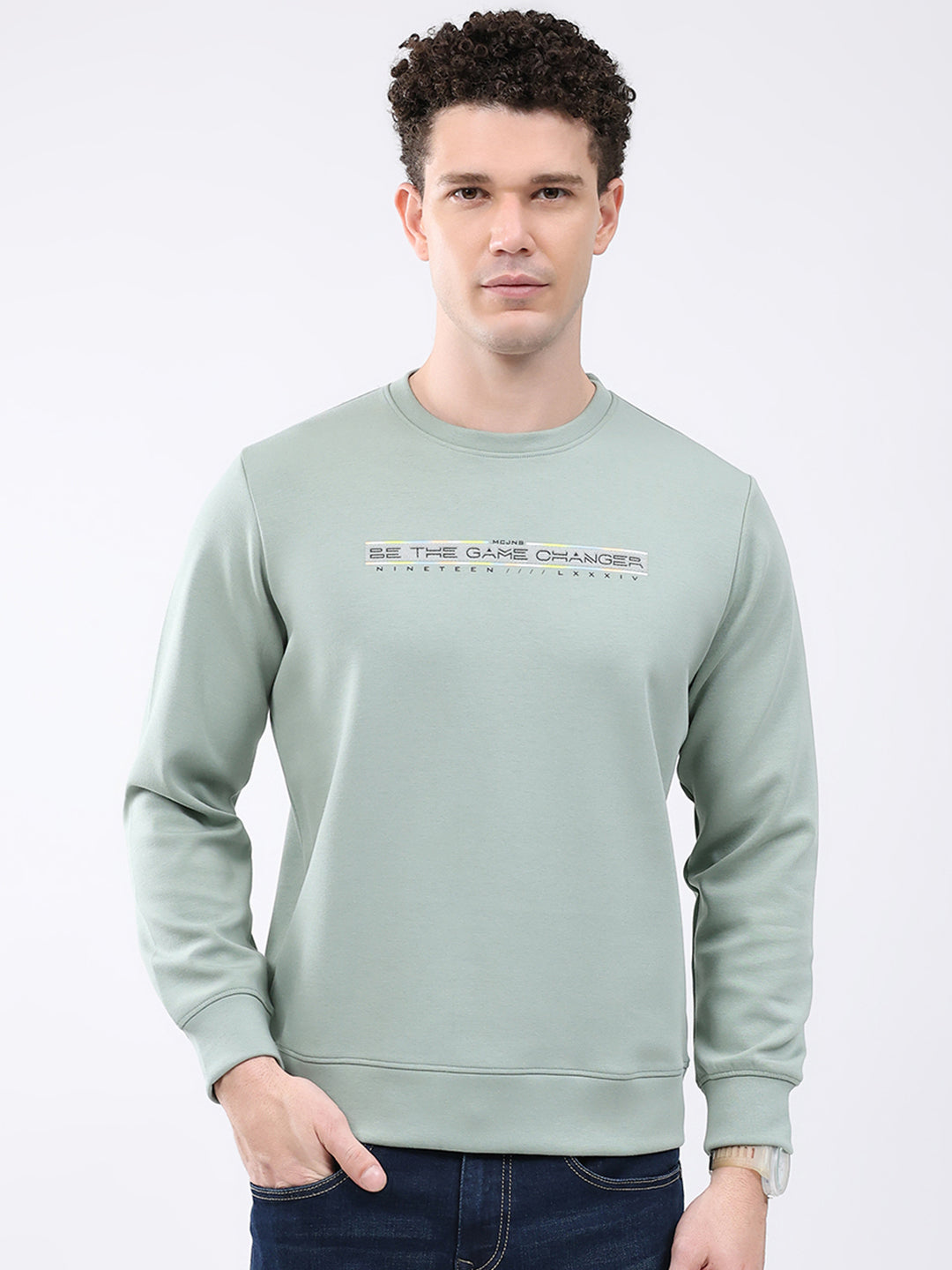 Men Green Solid Round Neck Full Sleeve Sweatshirt