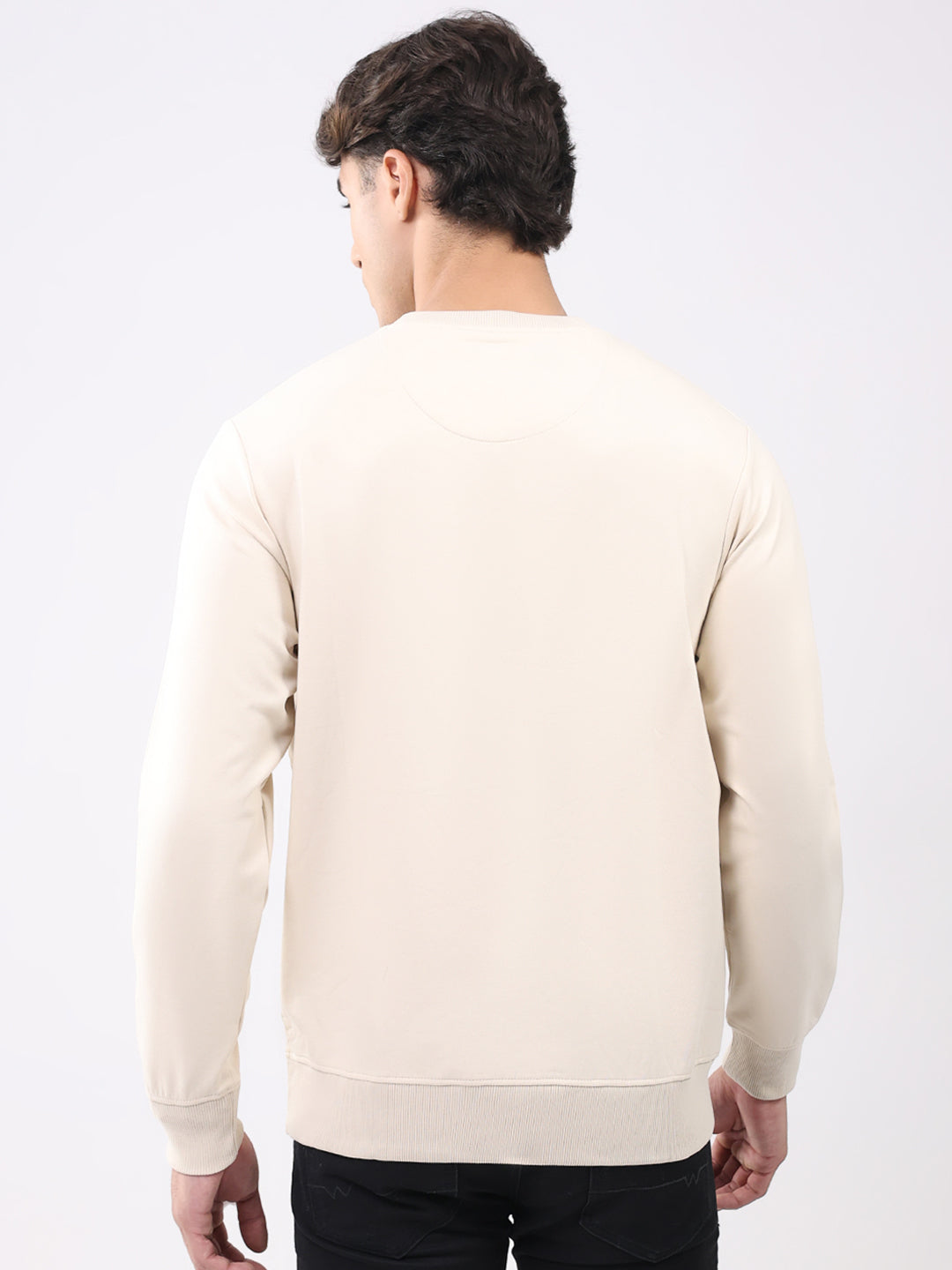 Men Beige Printed Round Neck Full Sleeve Sweatshirt