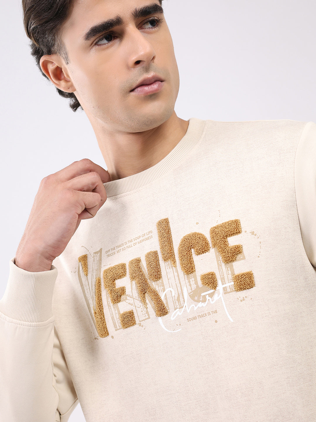 Men Beige Printed Round Neck Full Sleeve Sweatshirt