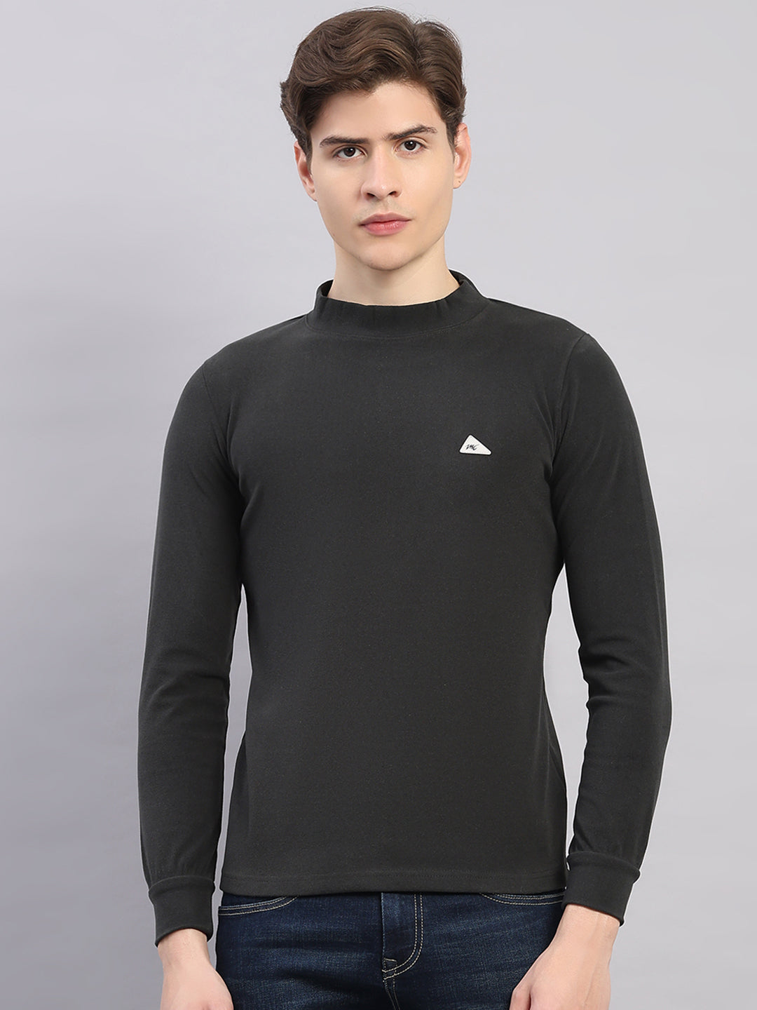 Men Charcoal Solid Round Neck Full Sleeve Winter T-Shirt