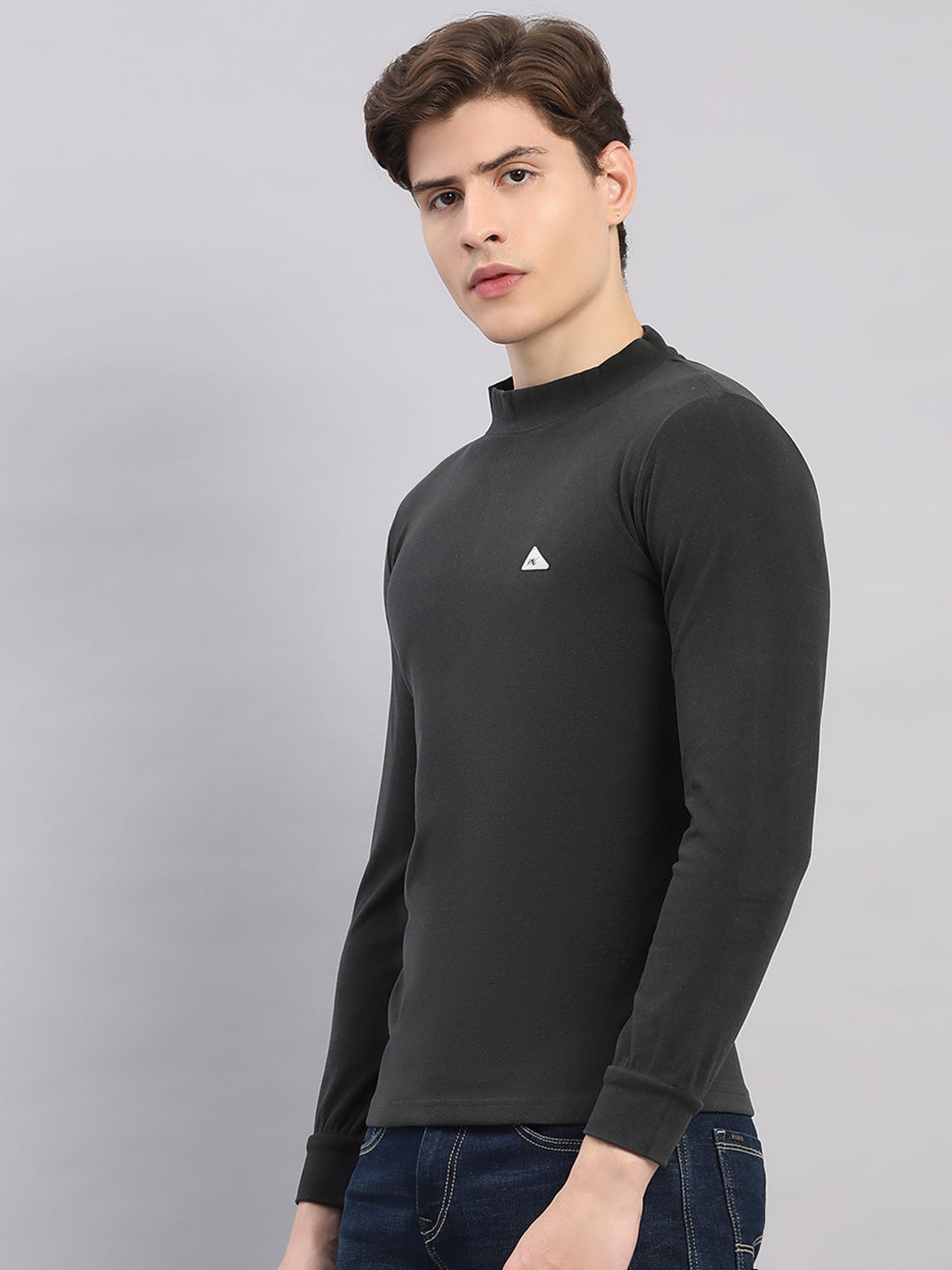 Men Charcoal Solid Round Neck Full Sleeve Winter T-Shirt
