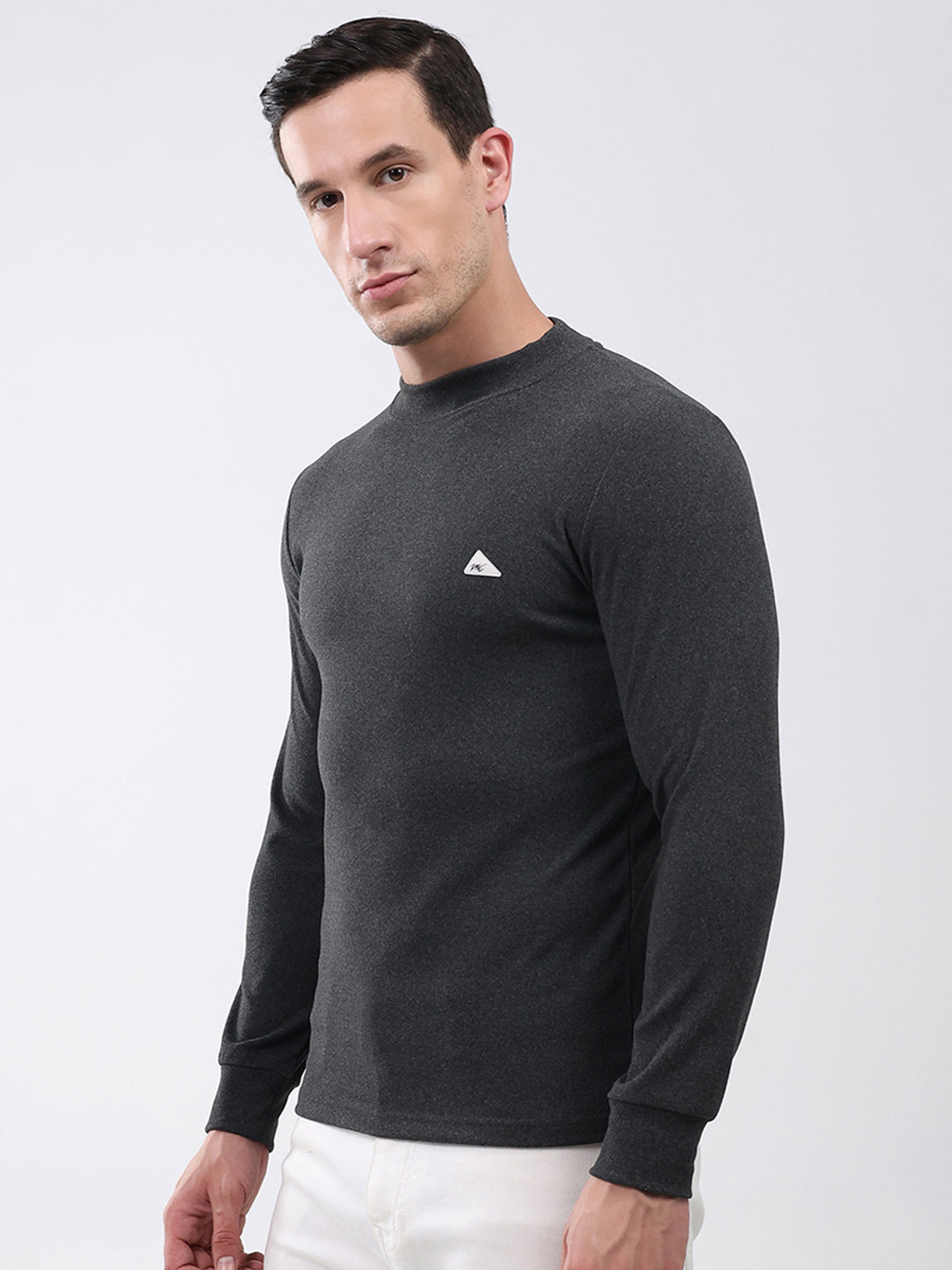 Men Charcoal Solid Round Neck Full Sleeve Winter T-Shirt