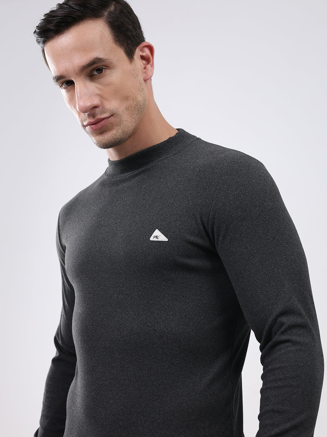 Men Charcoal Solid Round Neck Full Sleeve Winter T-Shirt