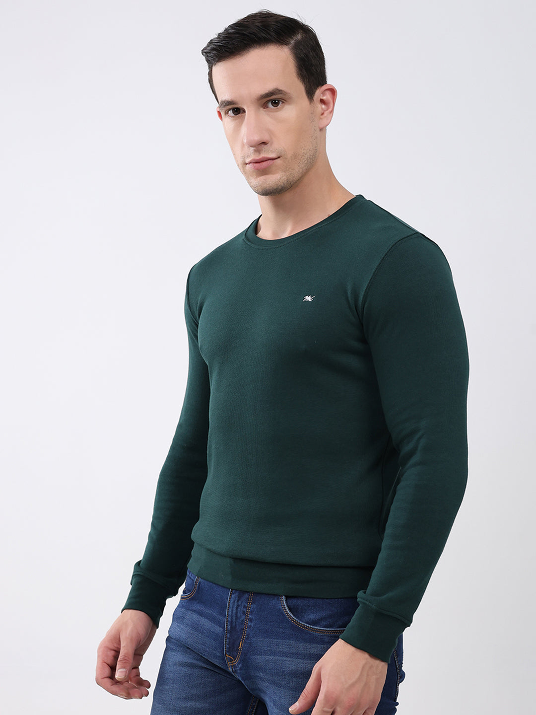 Men Green Solid Round Neck Full Sleeve Winter T-Shirt