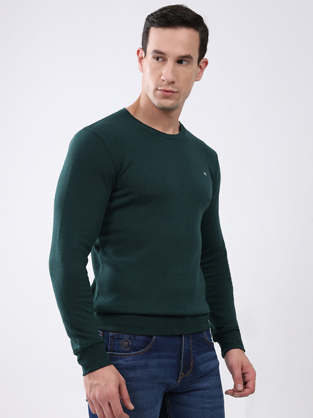 Men Green Solid Round Neck Full Sleeve Winter T-Shirt
