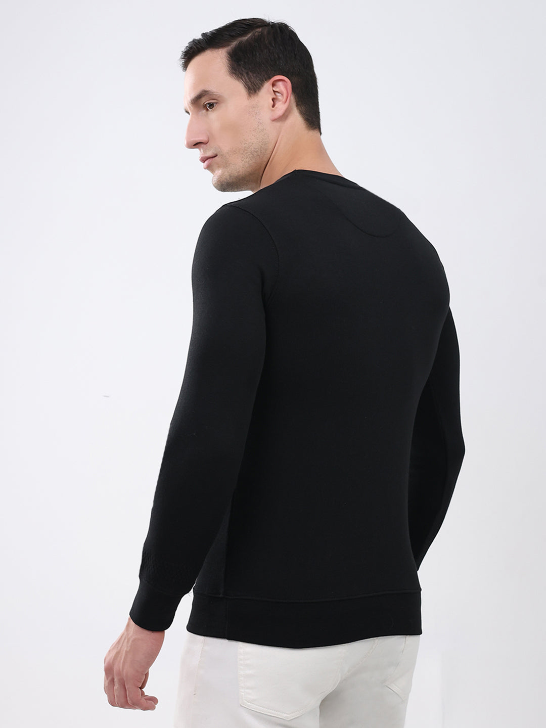Men Black Solid Round Neck Full Sleeve Winter T-Shirt