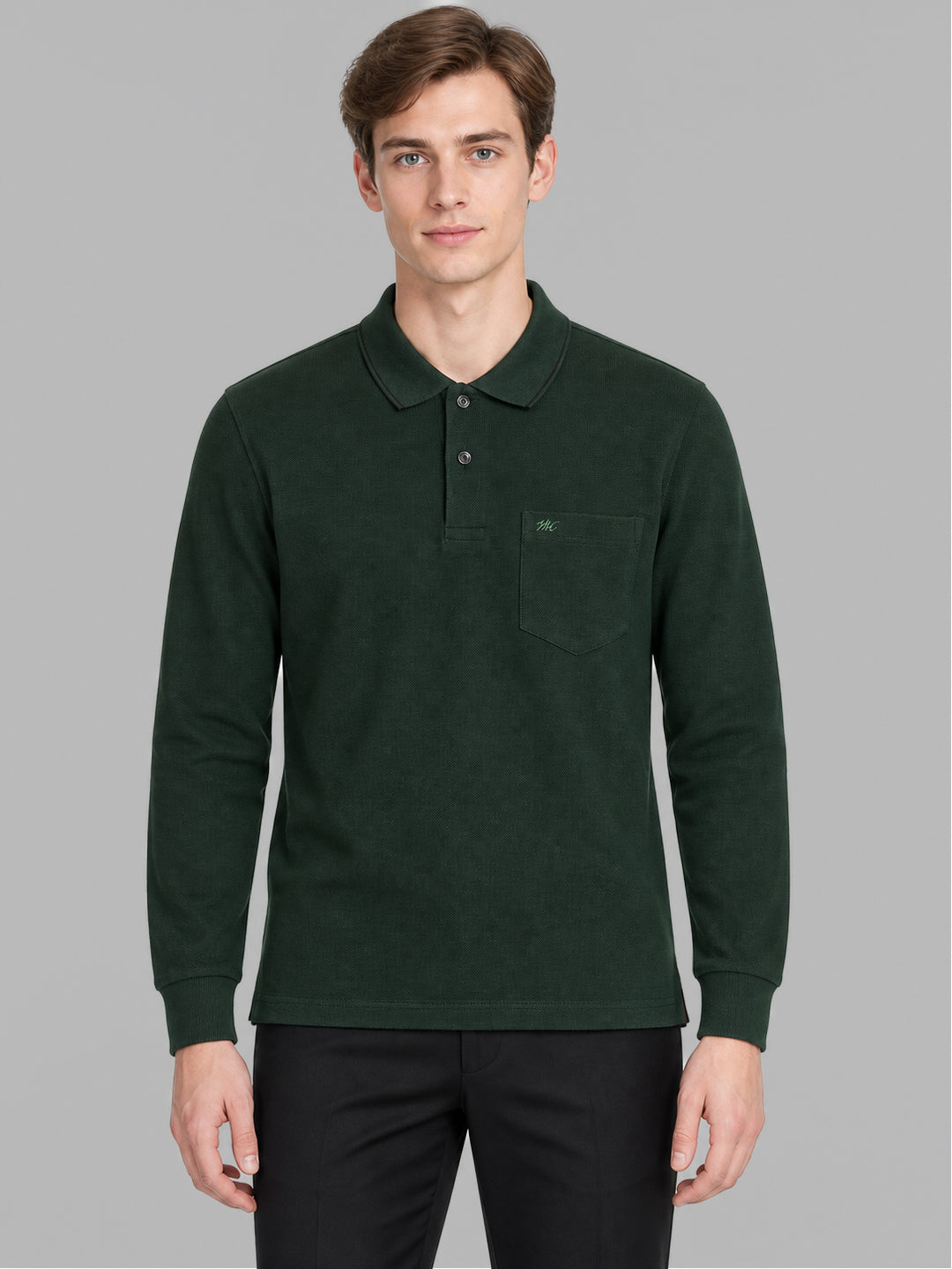 Men Green Solid Polo Collar Full Sleeve Winter T-Shirt