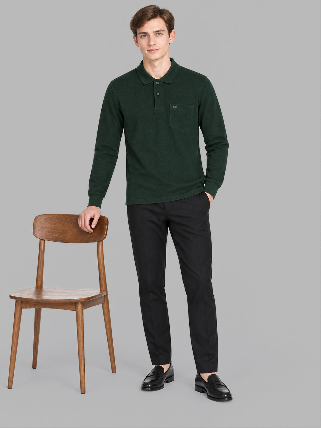 Men Green Solid Polo Collar Full Sleeve Winter T-Shirt
