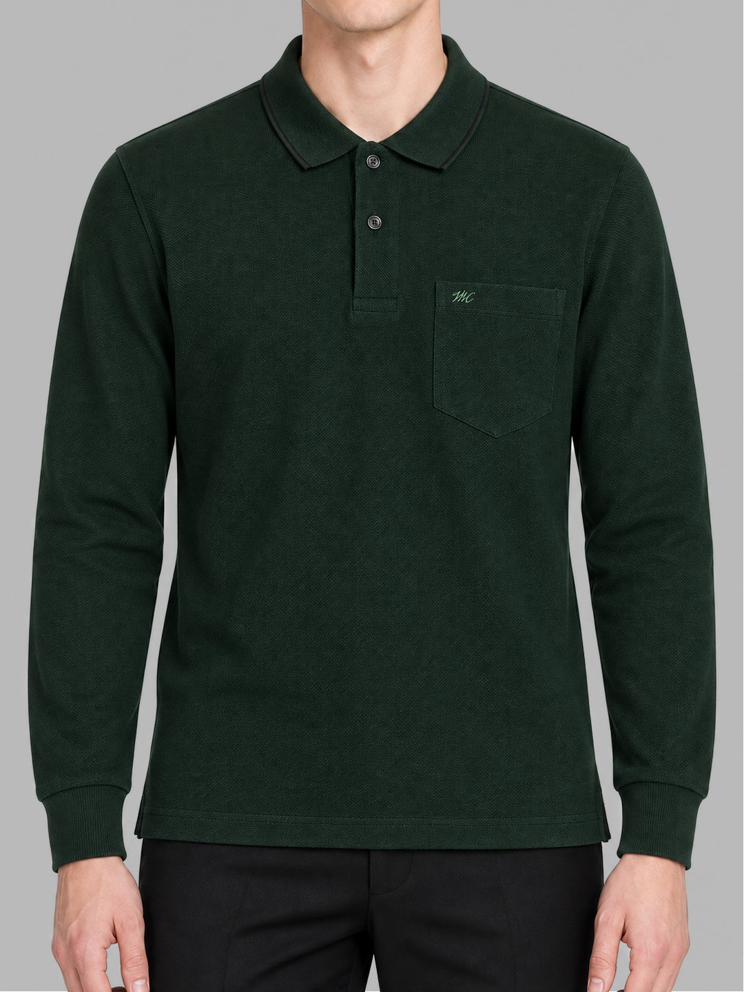 Men Green Solid Polo Collar Full Sleeve Winter T-Shirt