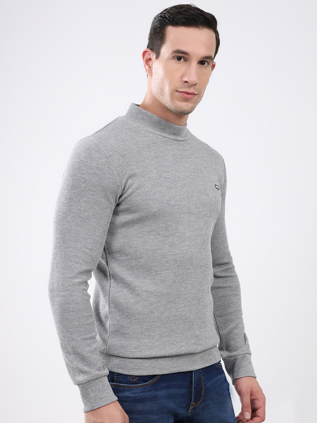 Men Grey Solid Mock Neck Full Sleeve Winter T-Shirt