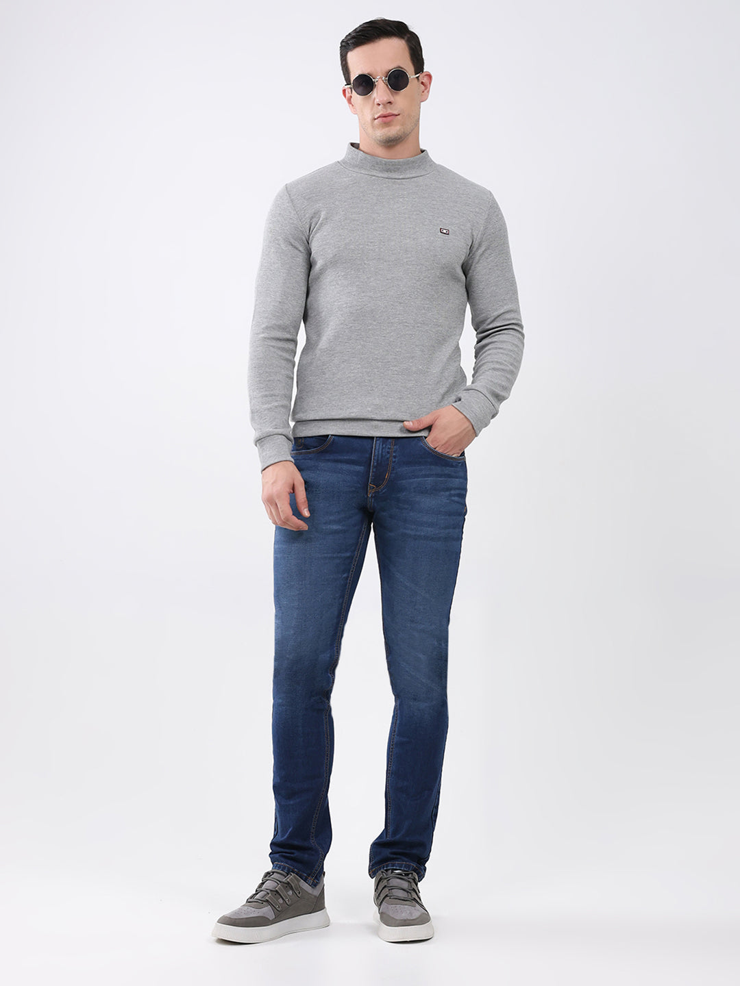 Men Grey Solid Mock Neck Full Sleeve Winter T-Shirt