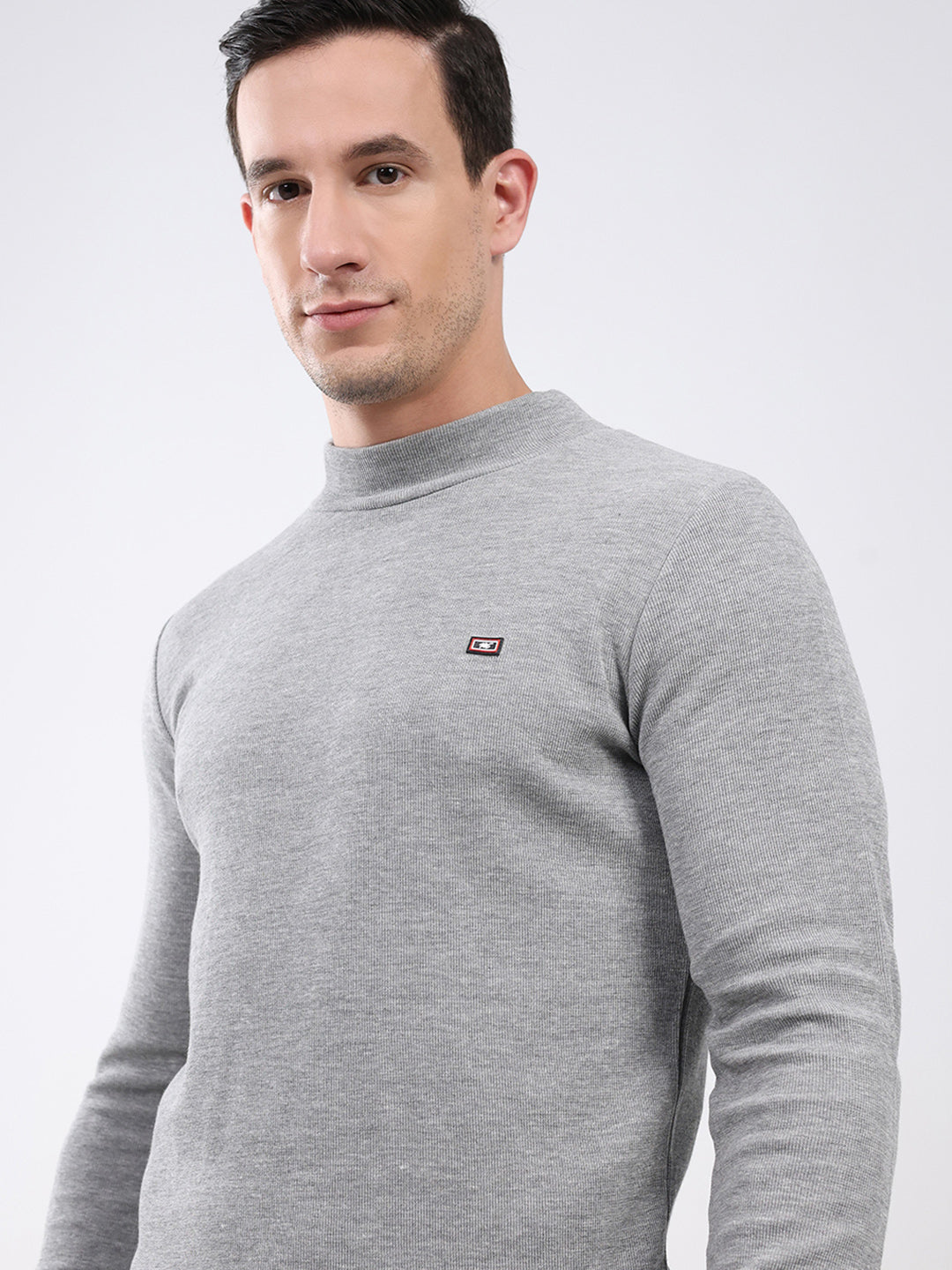 Men Grey Solid Mock Neck Full Sleeve Winter T-Shirt