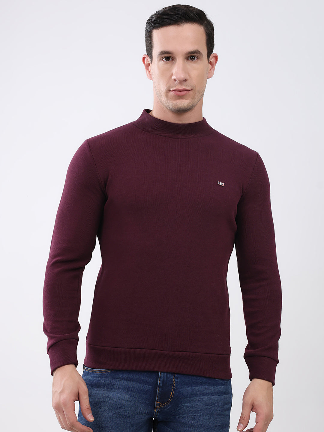 Men Maroon Solid Mock Neck Full Sleeve Winter T-Shirt