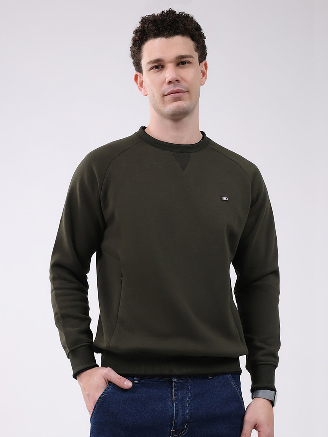 Men Olive Printed Round Neck Full Sleeve Sweatshirt