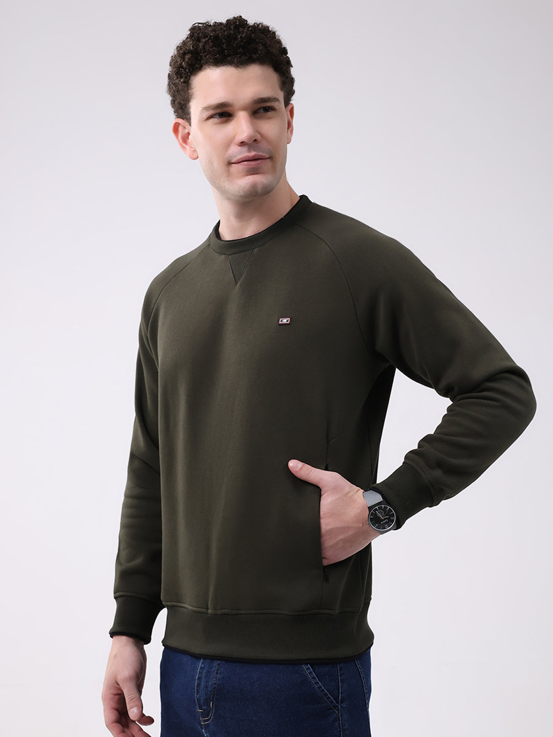Men Olive Printed Round Neck Full Sleeve Sweatshirt