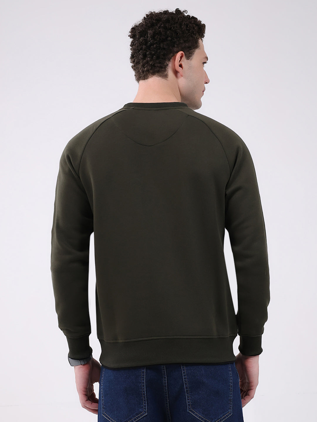 Men Olive Printed Round Neck Full Sleeve Sweatshirt