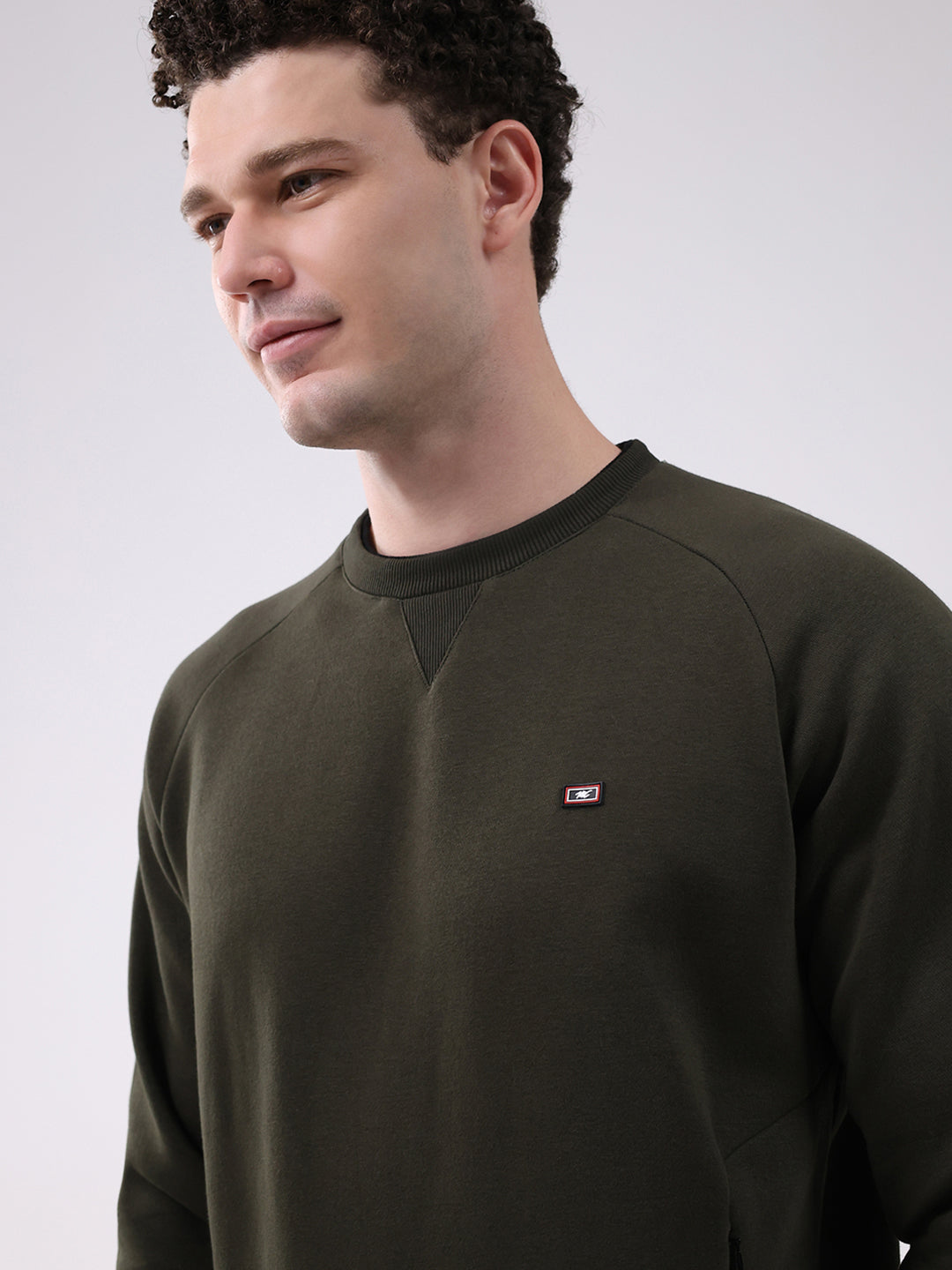 Men Olive Printed Round Neck Full Sleeve Sweatshirt