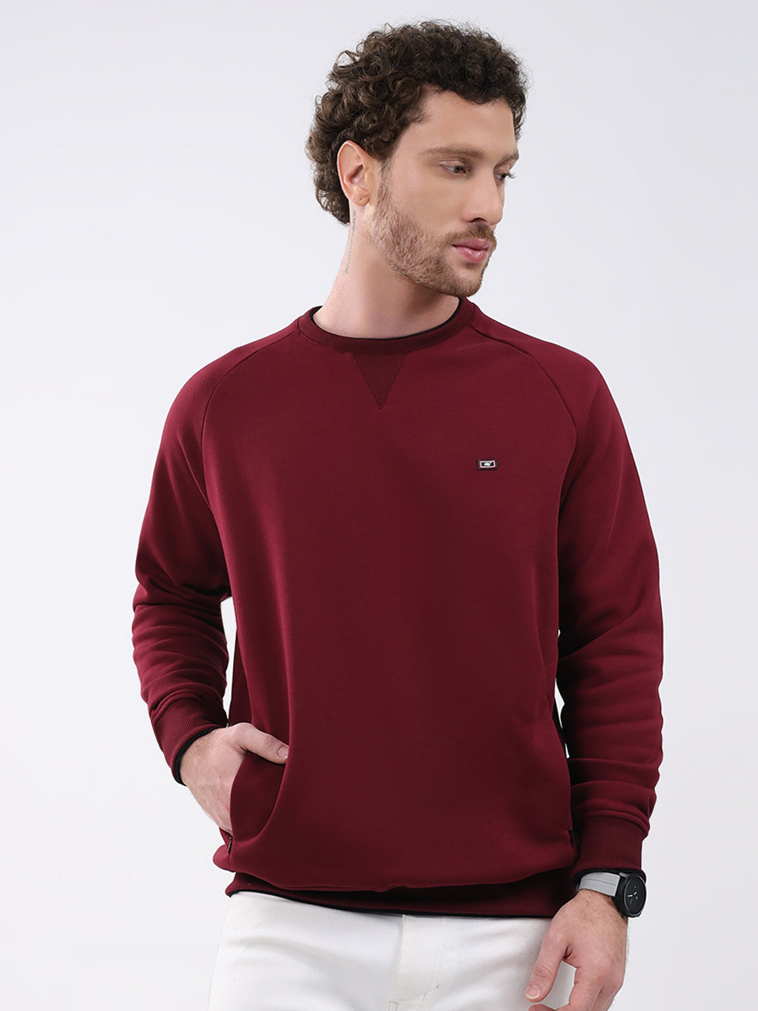 Men Maroon Solid Round Neck Full Sleeve Sweatshirt