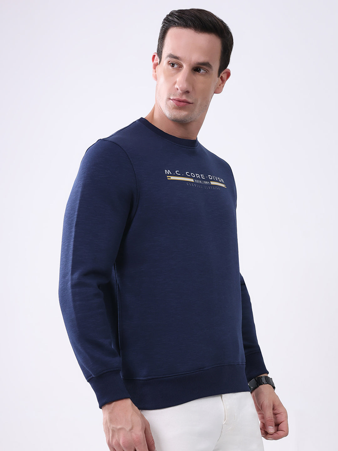 Men Navy Blue Printed Round Neck Full Sleeve Sweatshirt