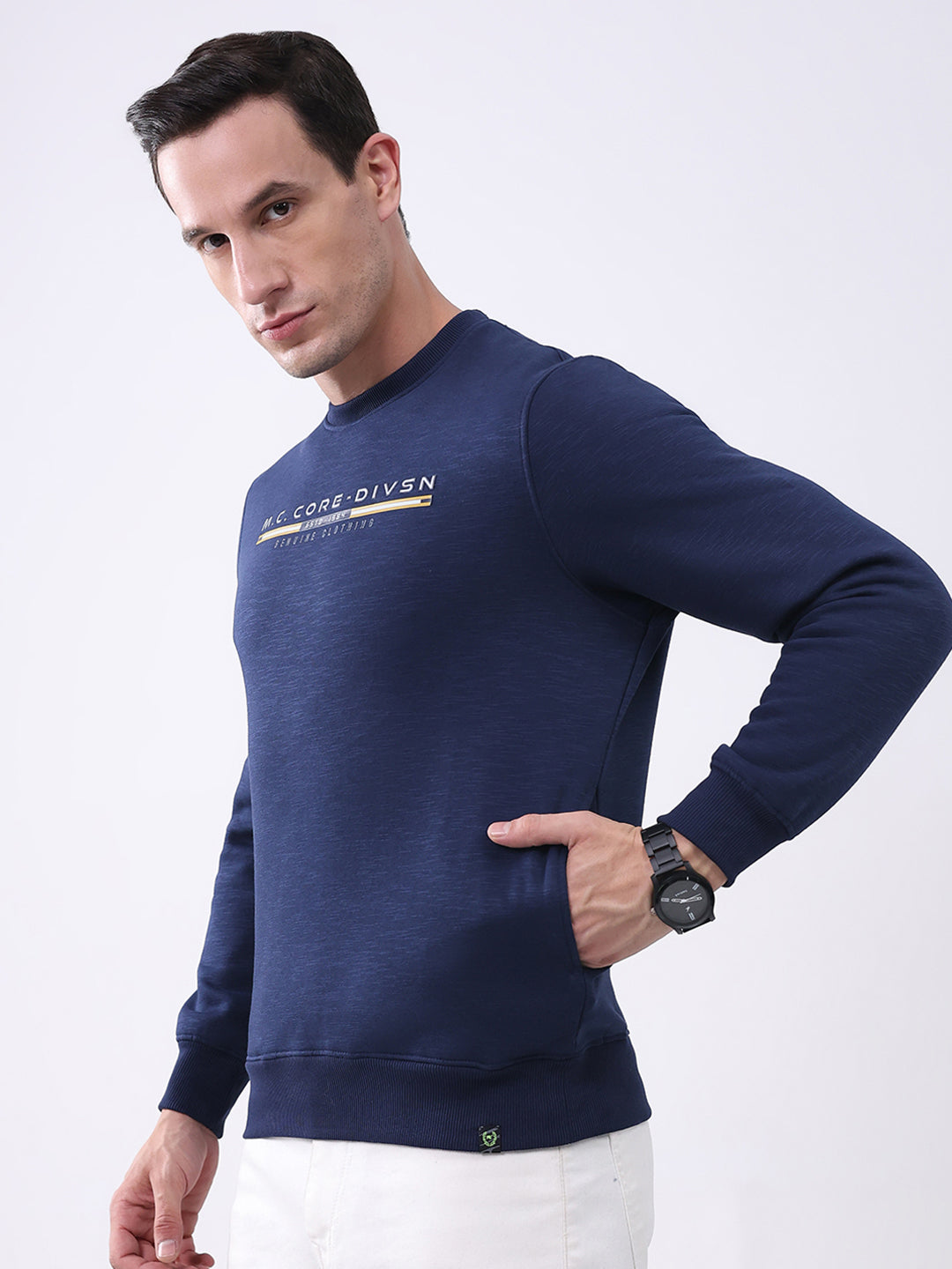 Men Navy Blue Printed Round Neck Full Sleeve Sweatshirt