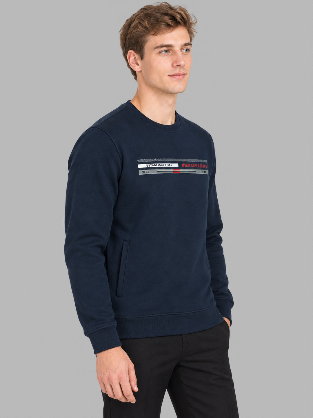 Men Navy Blue Printed Round Neck Full Sleeve Sweatshirt