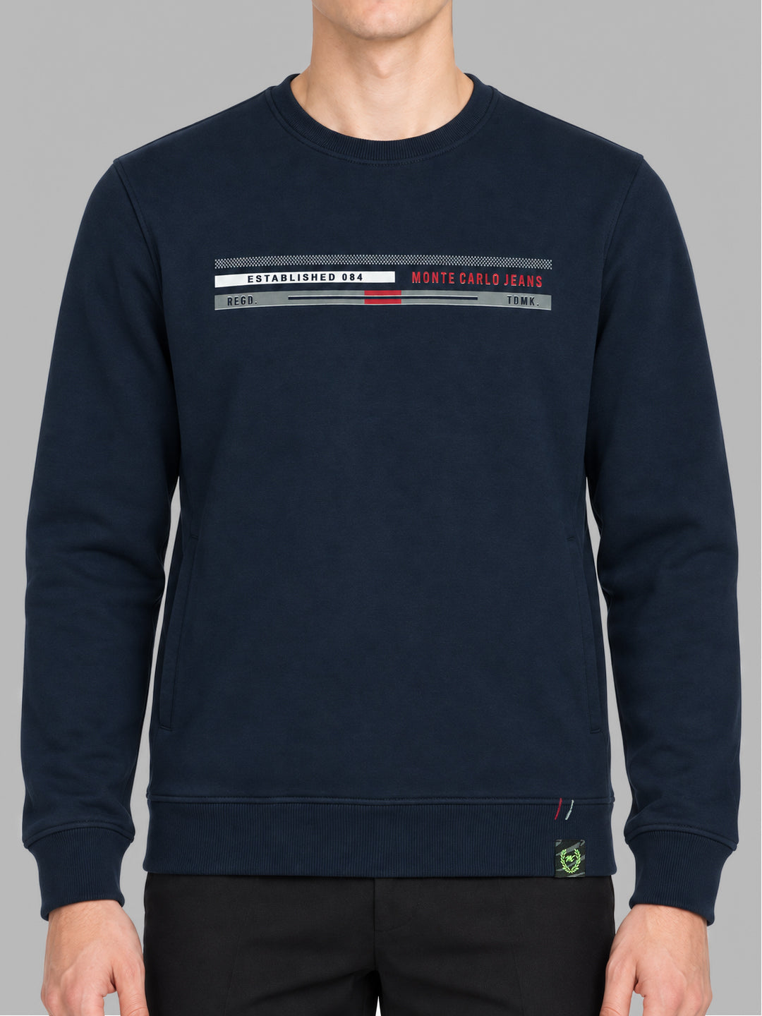 Men Navy Blue Printed Round Neck Full Sleeve Sweatshirt