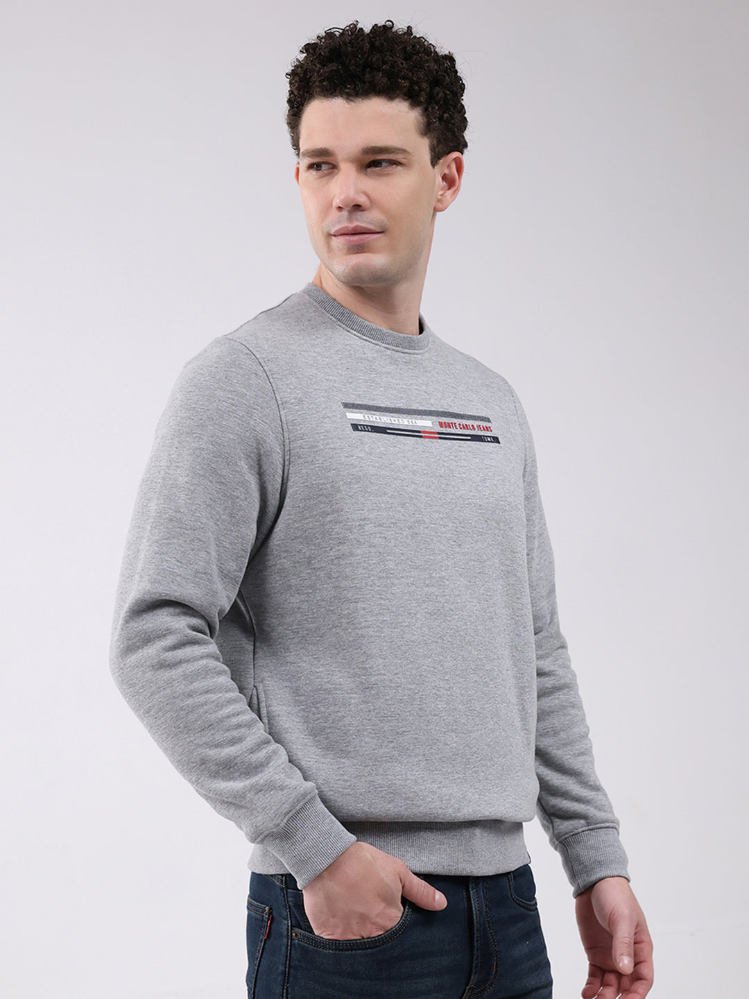 Men Grey Printed Round Neck Full Sleeve Sweatshirt