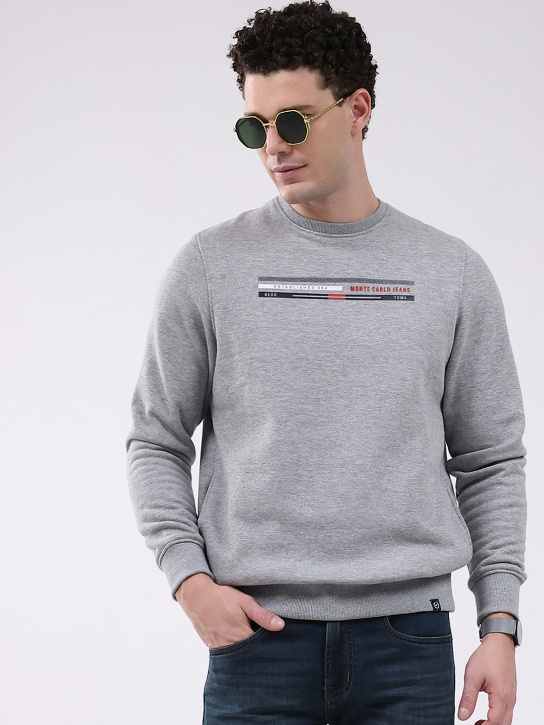 Men Grey Printed Round Neck Full Sleeve Sweatshirt