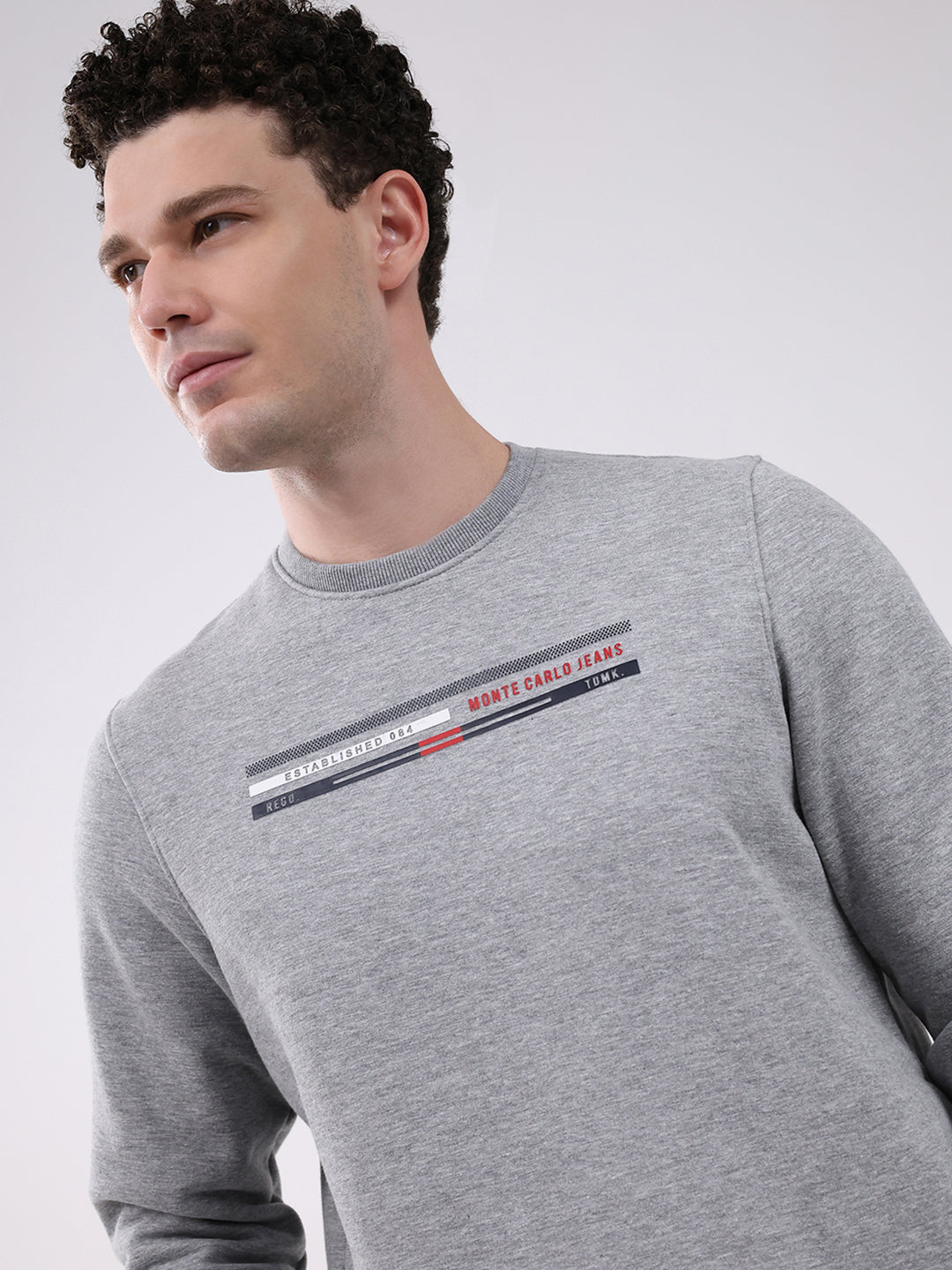 Men Grey Printed Round Neck Full Sleeve Sweatshirt
