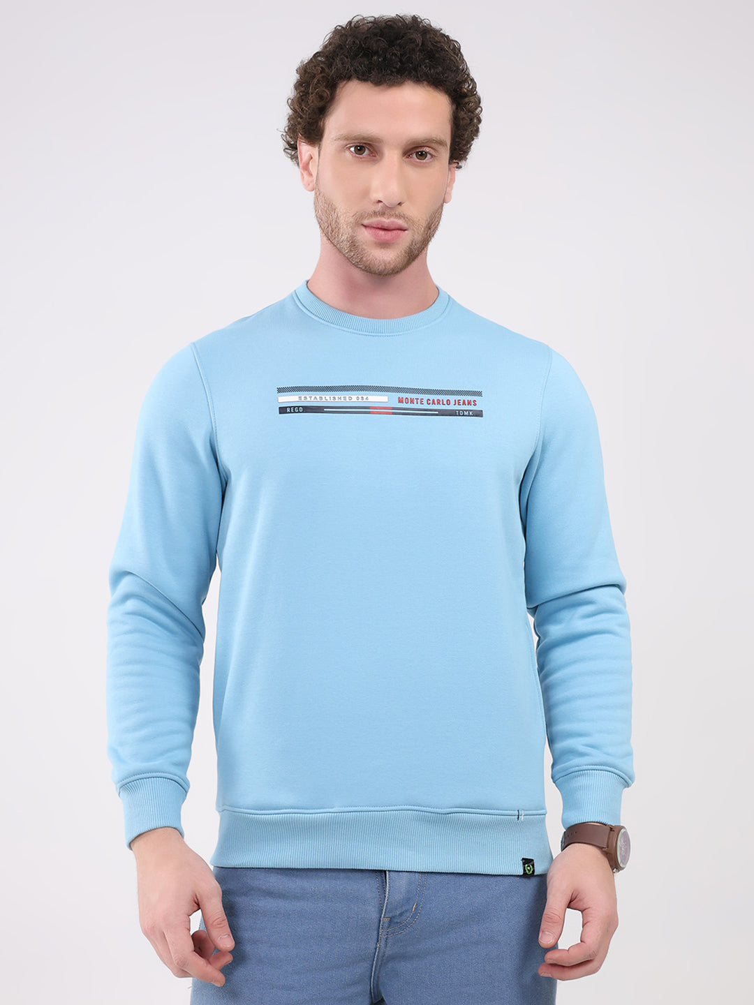 Men Sky Blue Printed Round Neck Full Sleeve Sweatshirt