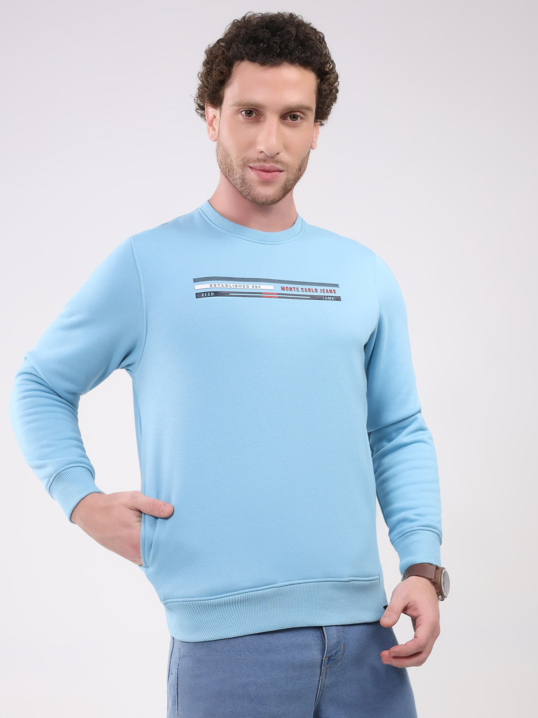 Men Sky Blue Printed Round Neck Full Sleeve Sweatshirt