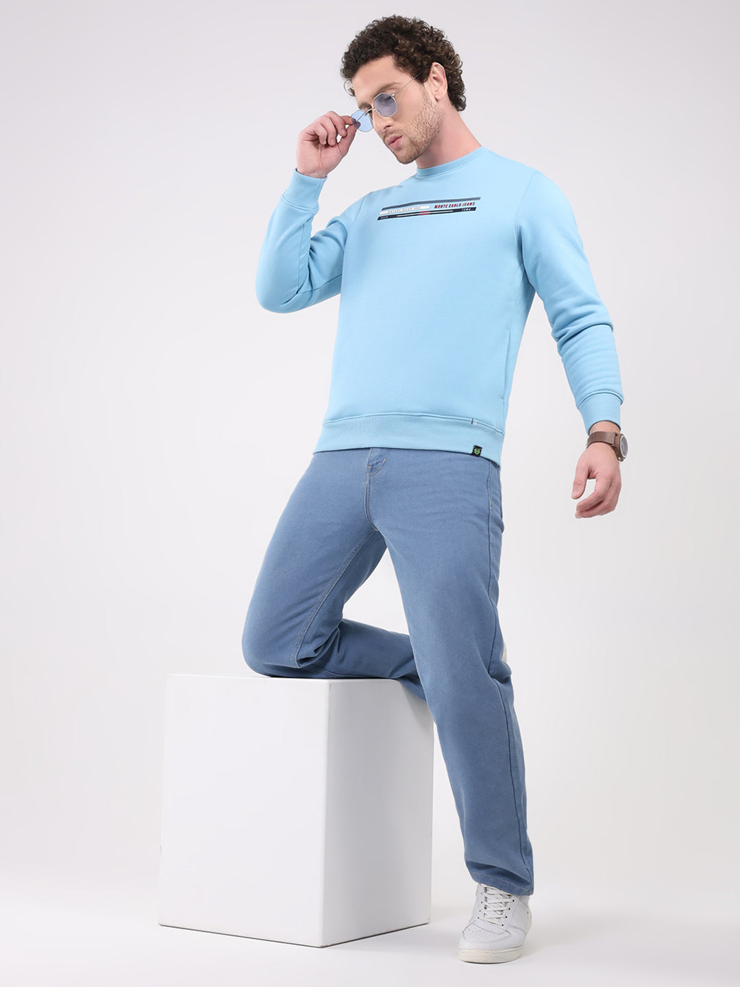 Men Sky Blue Printed Round Neck Full Sleeve Sweatshirt