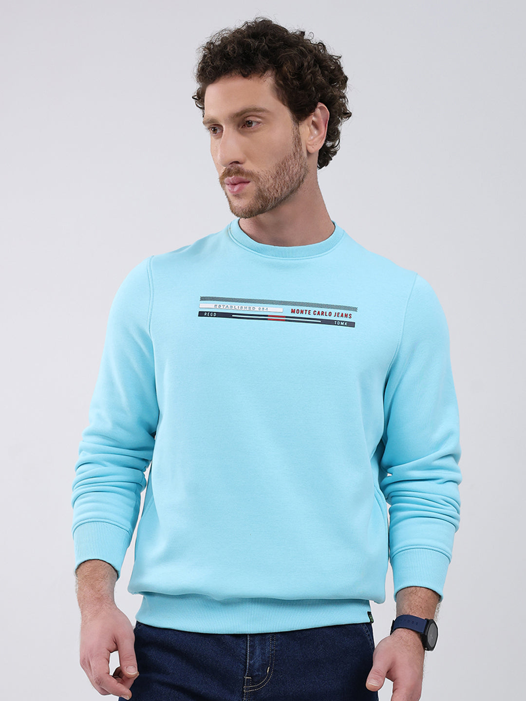 Men Turquoise Blue Printed Round Neck Full Sleeve Sweatshirt