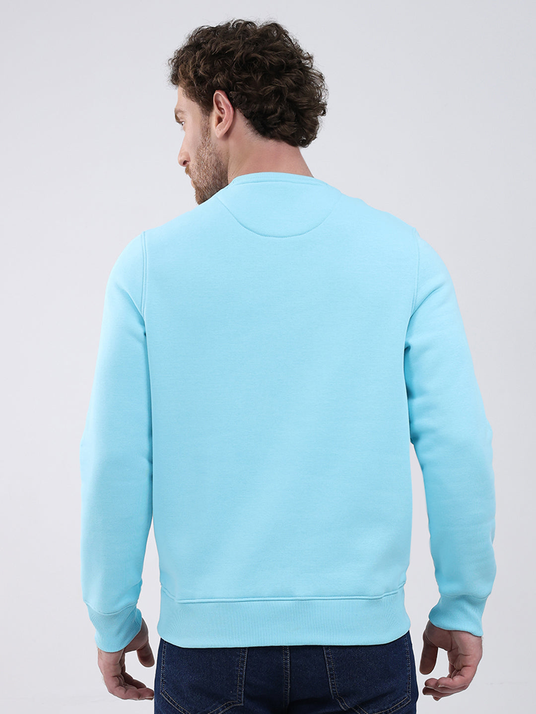 Men Turquoise Blue Printed Round Neck Full Sleeve Sweatshirt