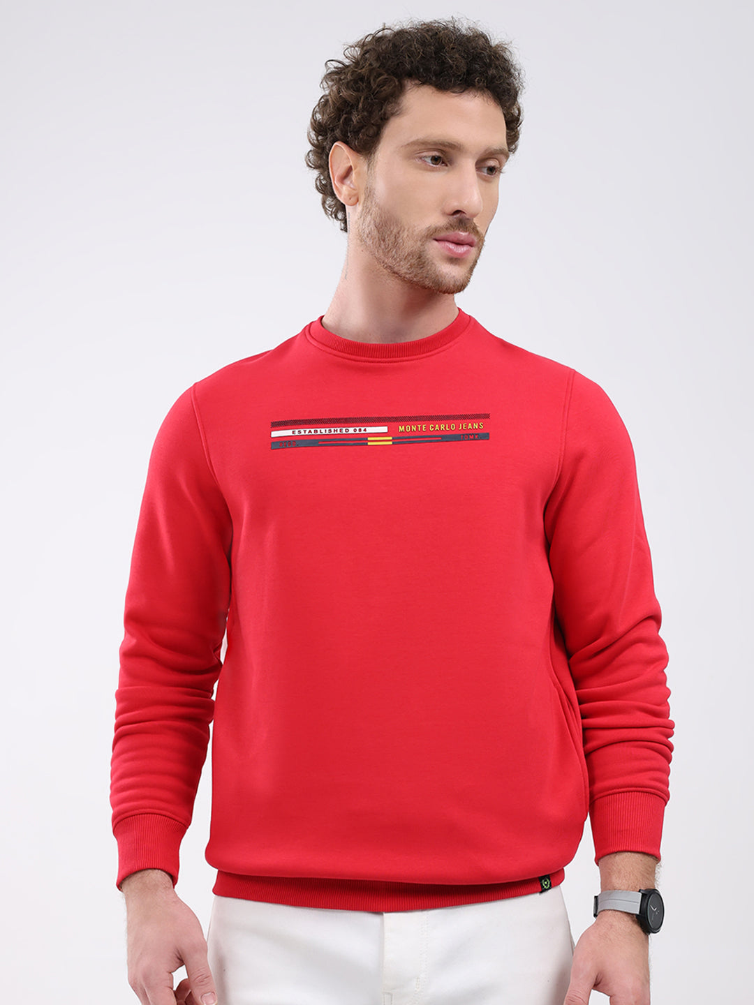 Men Red Printed Round Neck Full Sleeve Sweatshirt