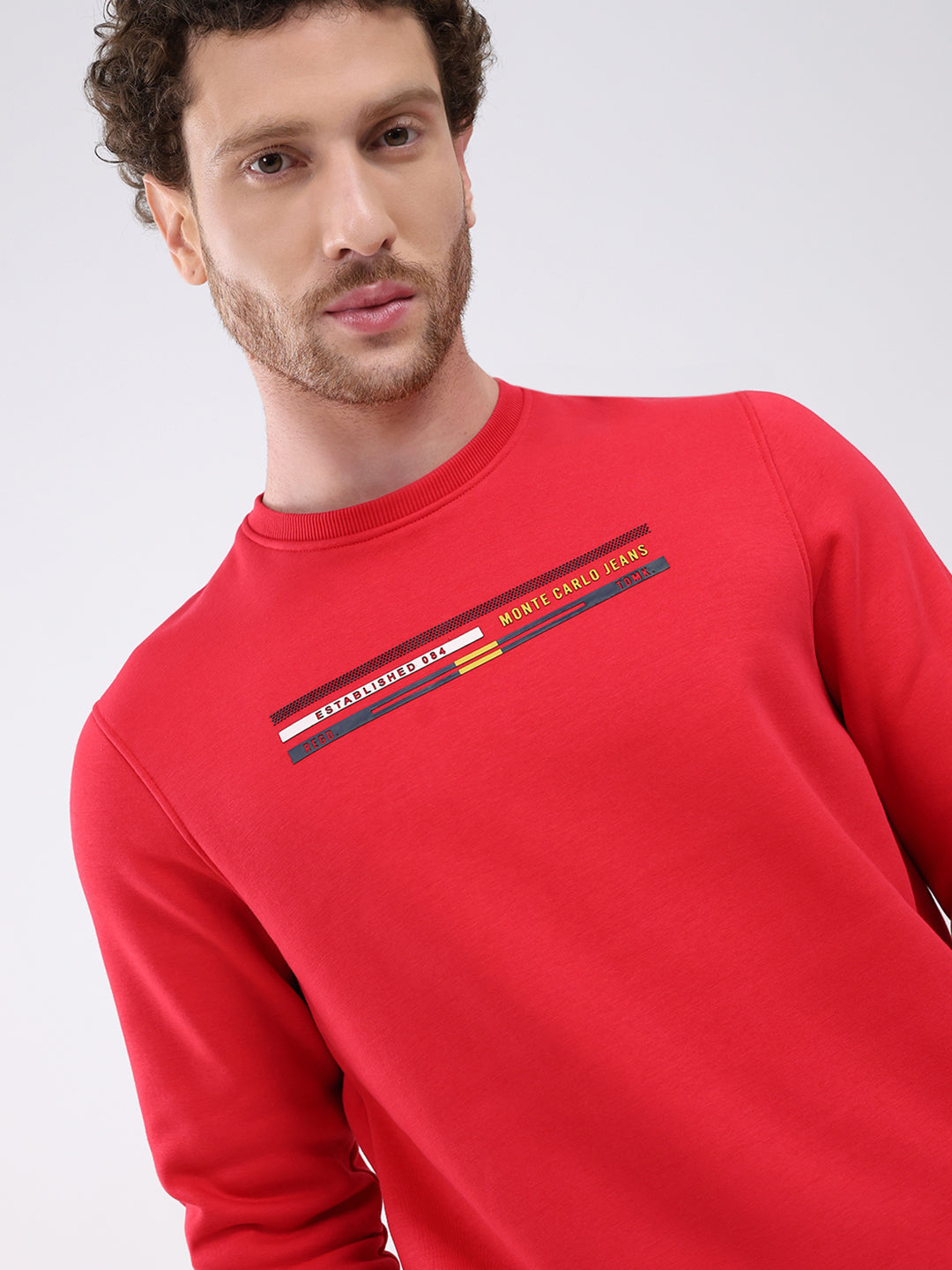 Men Red Printed Round Neck Full Sleeve Sweatshirt