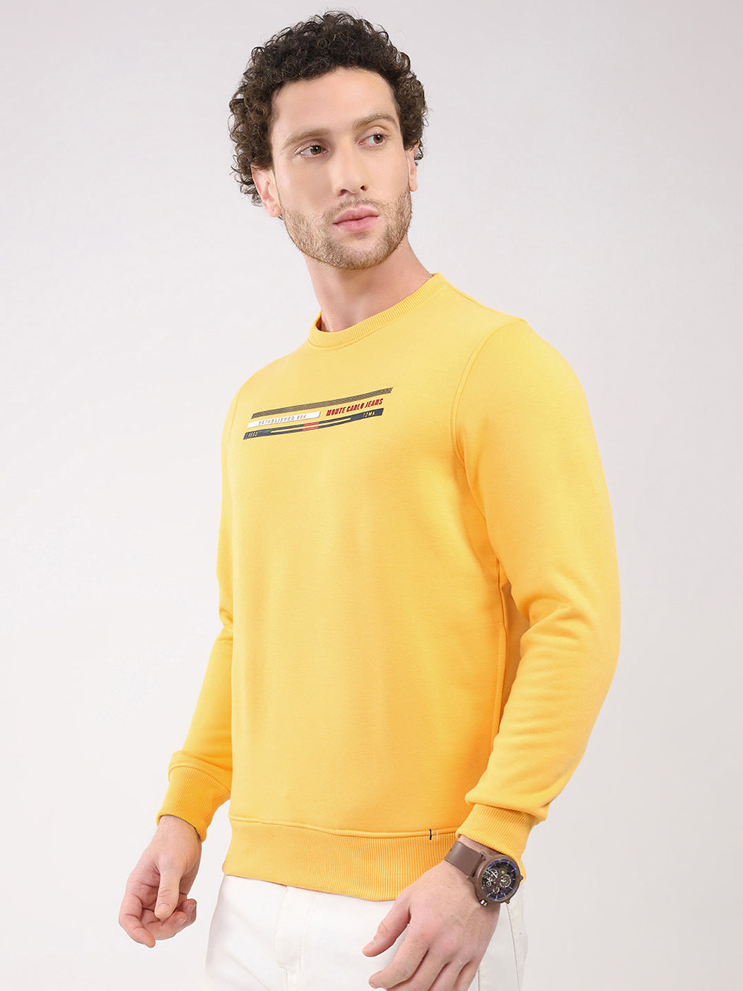 Men Yellow Printed Round Neck Full Sleeve Sweatshirt