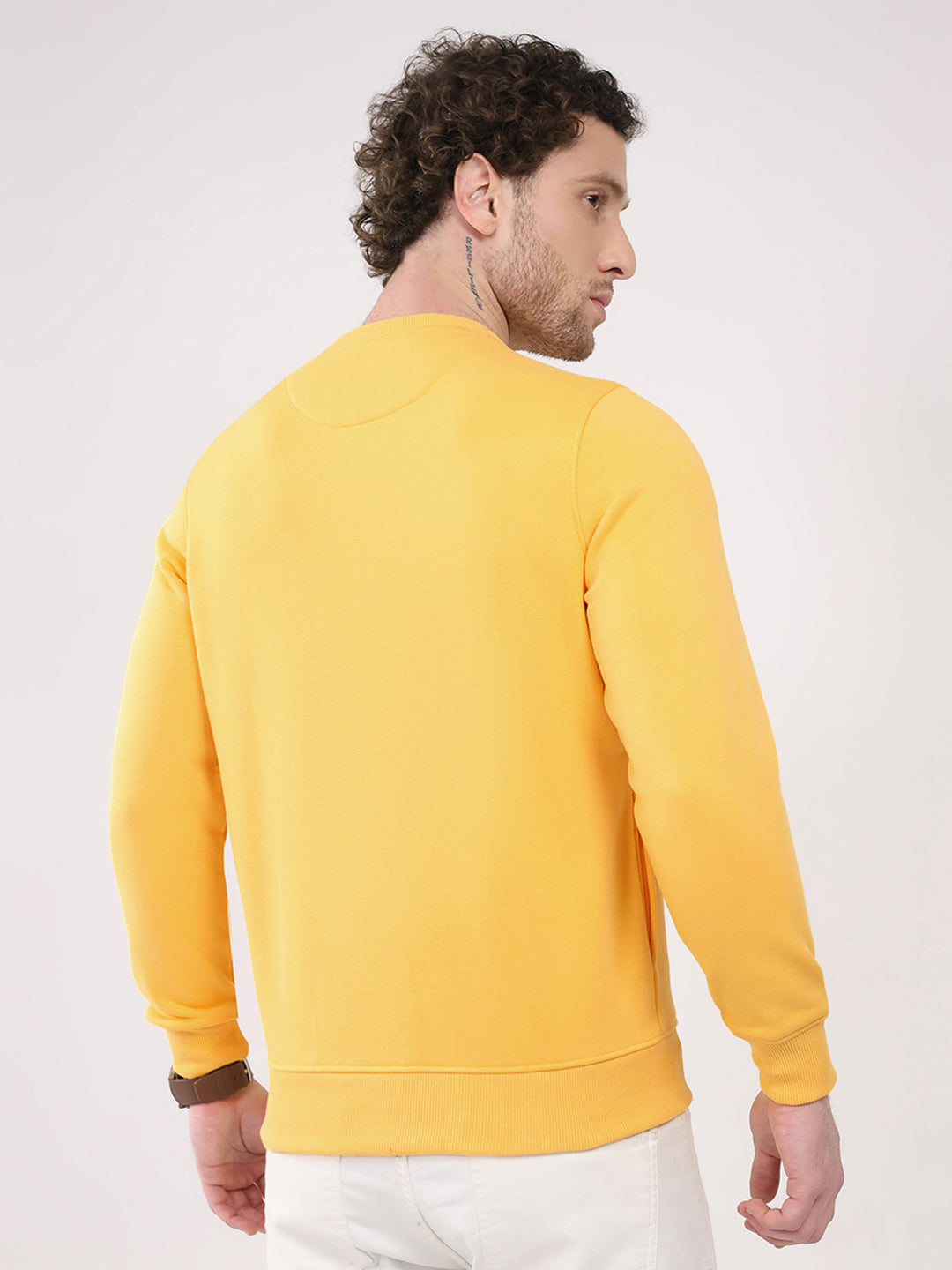 Men Yellow Printed Round Neck Full Sleeve Sweatshirt