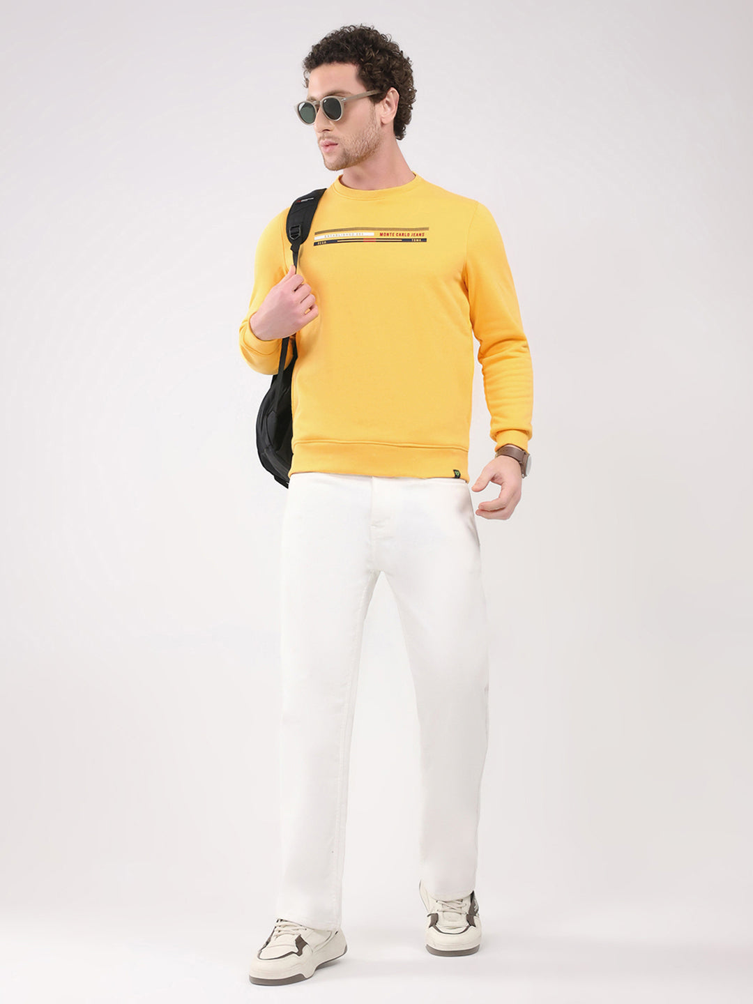 Men Yellow Printed Round Neck Full Sleeve Sweatshirt