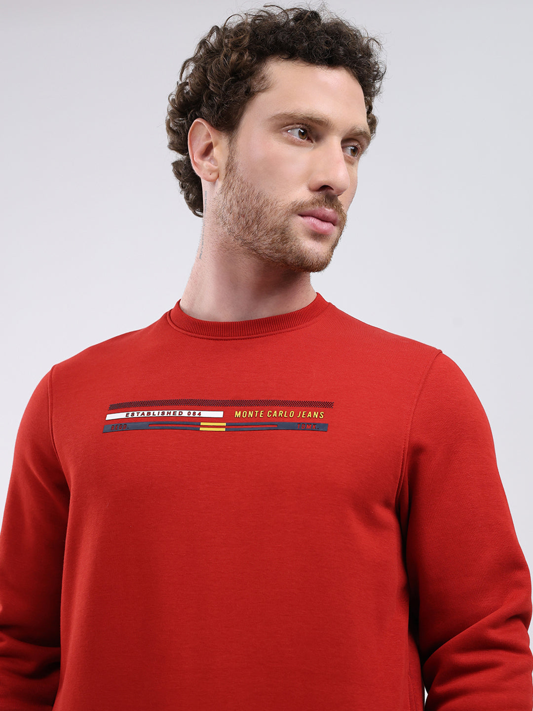 Men Rust Printed Round Neck Full Sleeve Sweatshirt