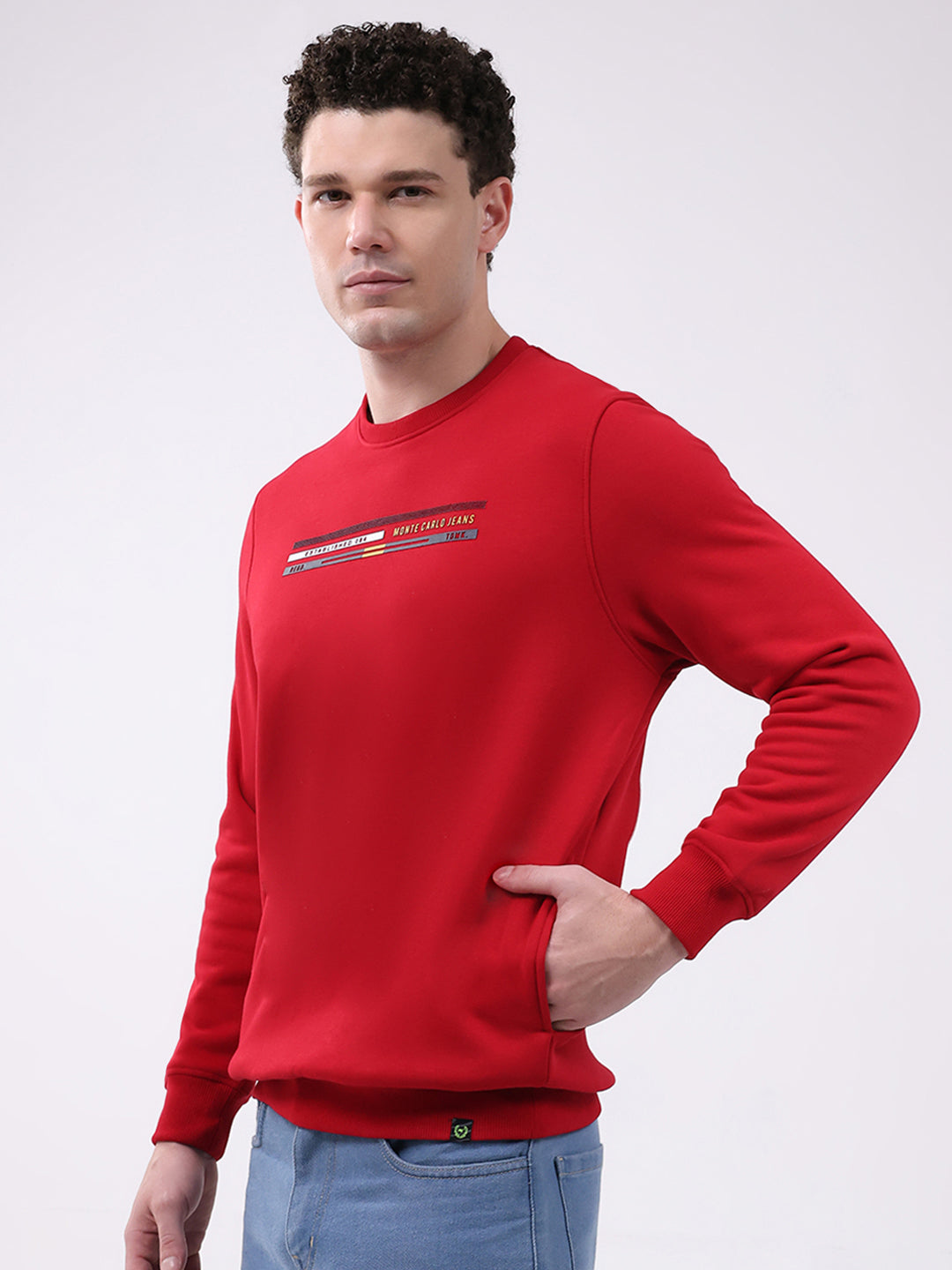 Men Red Printed Round Neck Full Sleeve Sweatshirt