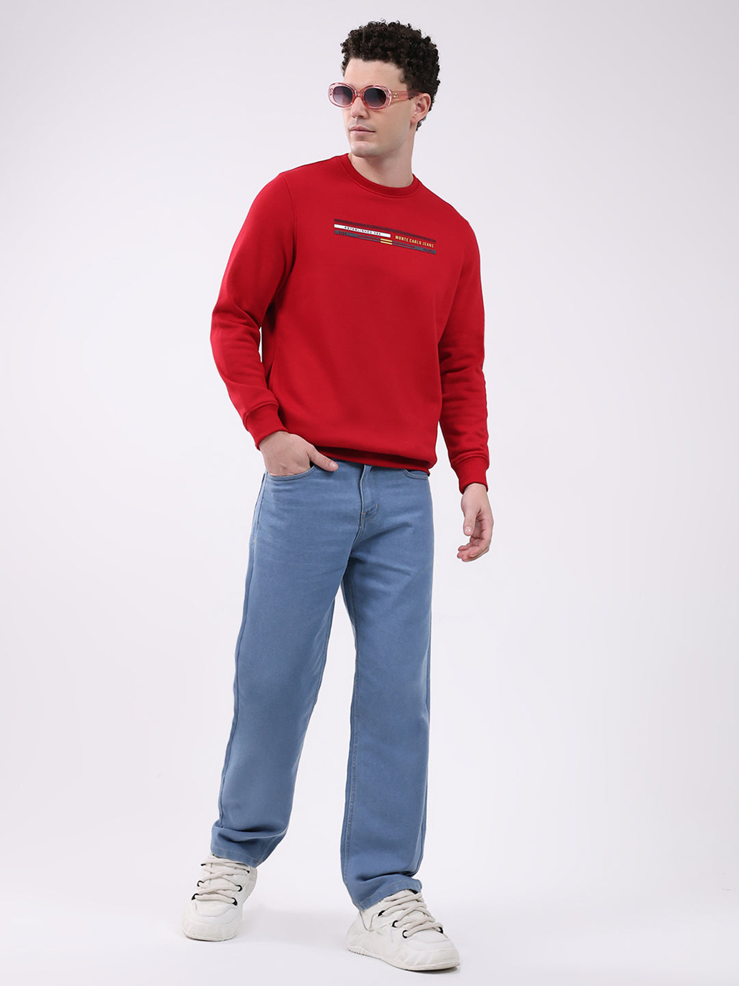 Men Red Printed Round Neck Full Sleeve Sweatshirt