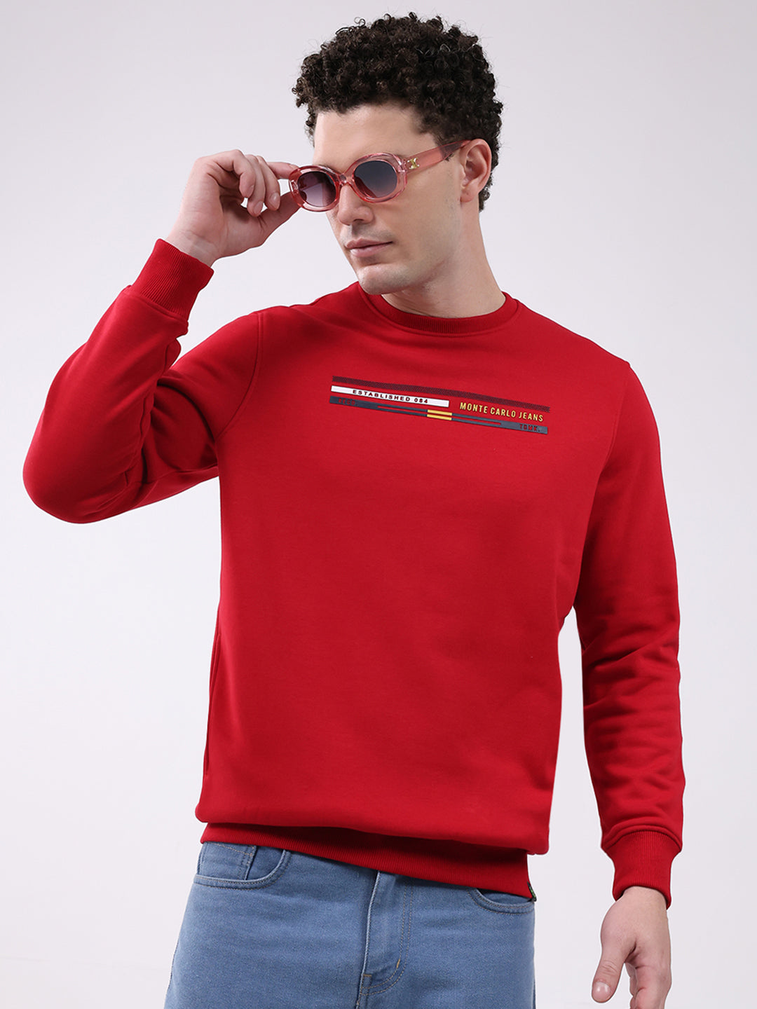 Men Red Printed Round Neck Full Sleeve Sweatshirt
