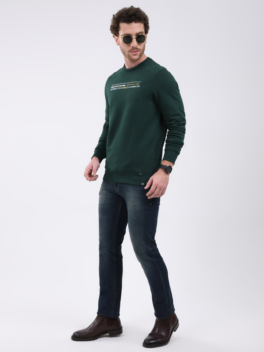 Men Green Printed Round Neck Full Sleeve Sweatshirt