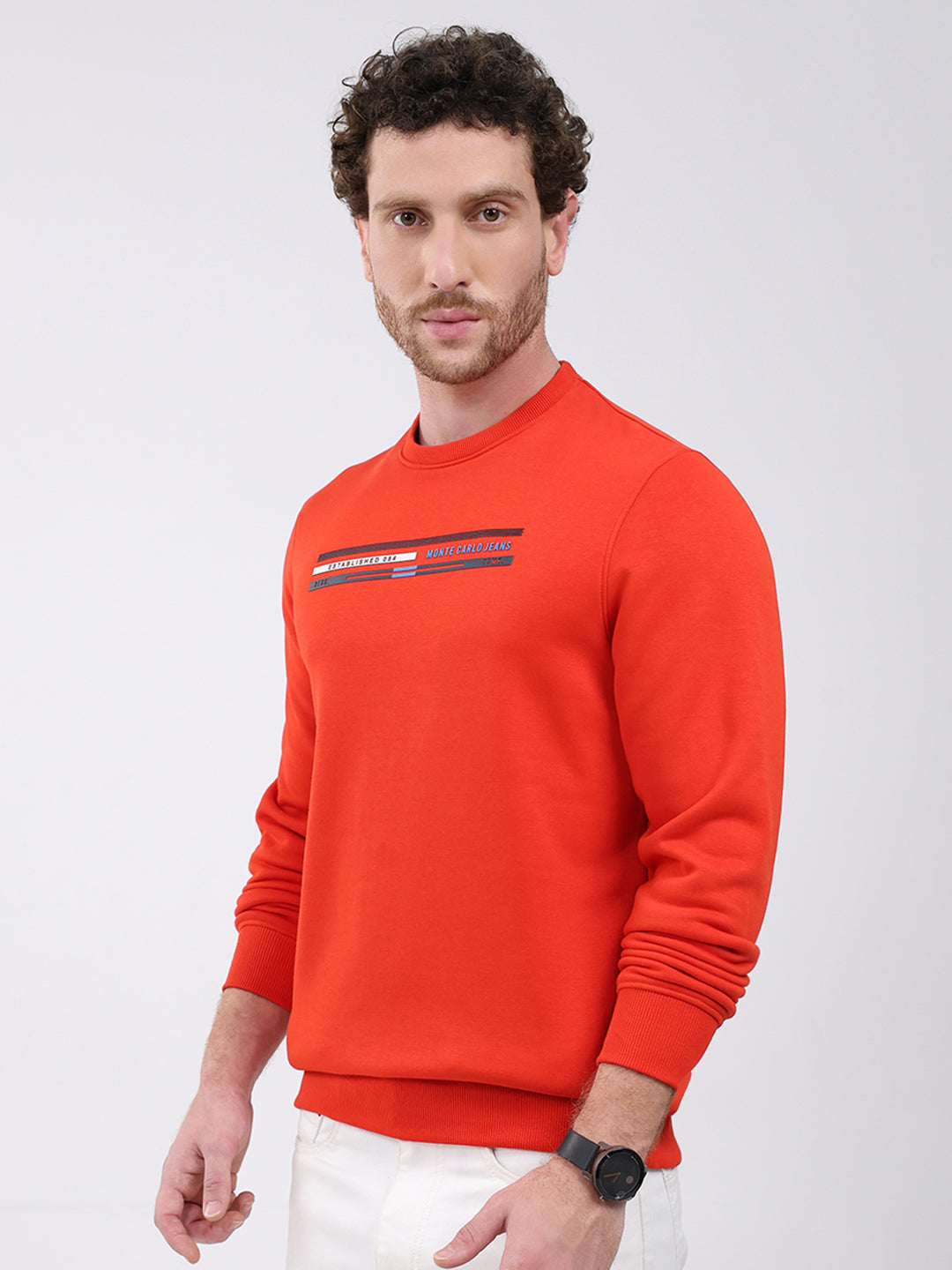 Men Orange Printed Round Neck Full Sleeve Sweatshirt