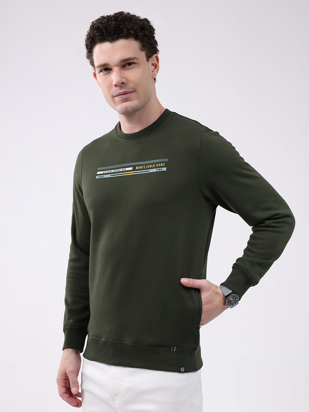 Men Olive Printed Round Neck Full Sleeve Sweatshirt