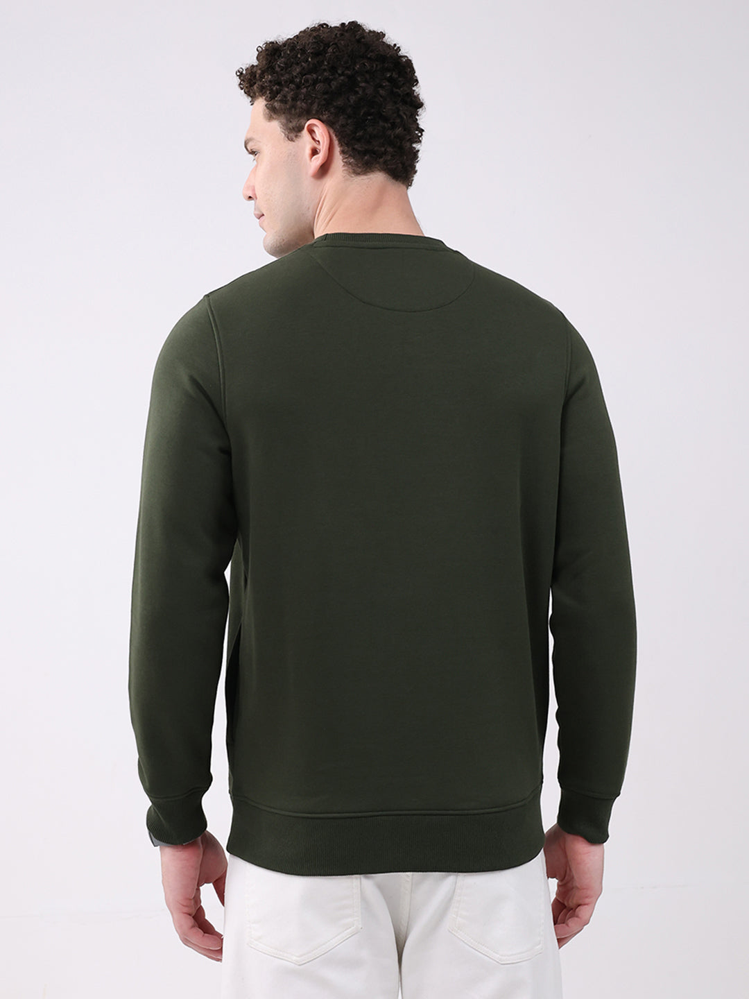 Men Olive Printed Round Neck Full Sleeve Sweatshirt