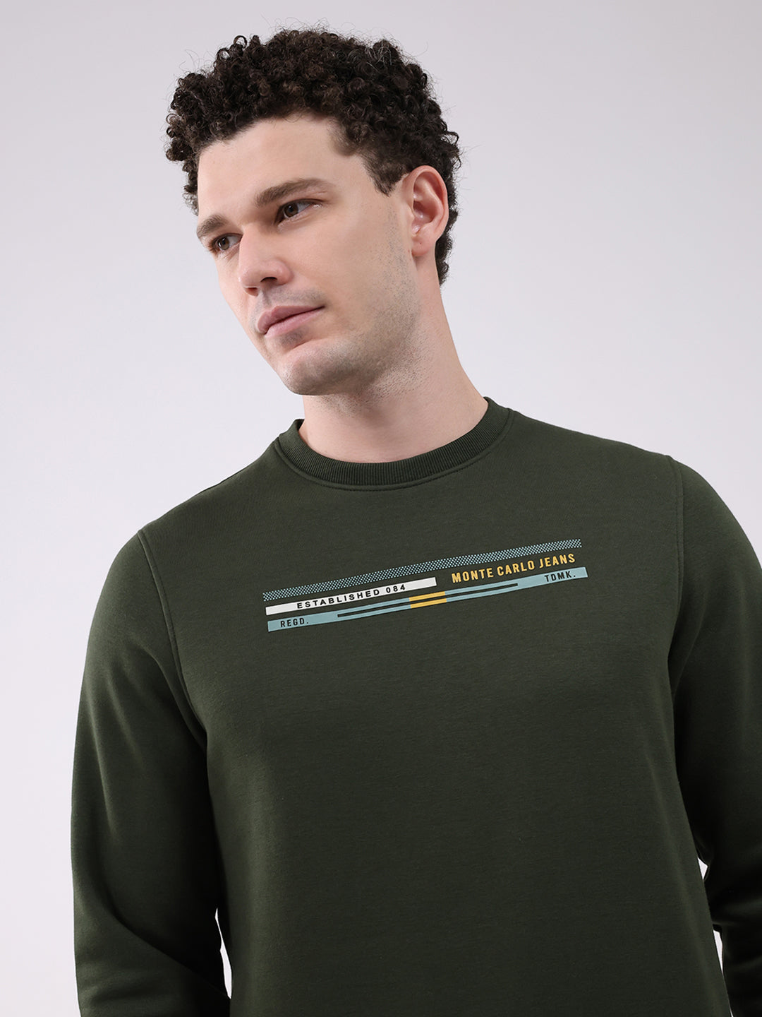 Men Olive Printed Round Neck Full Sleeve Sweatshirt